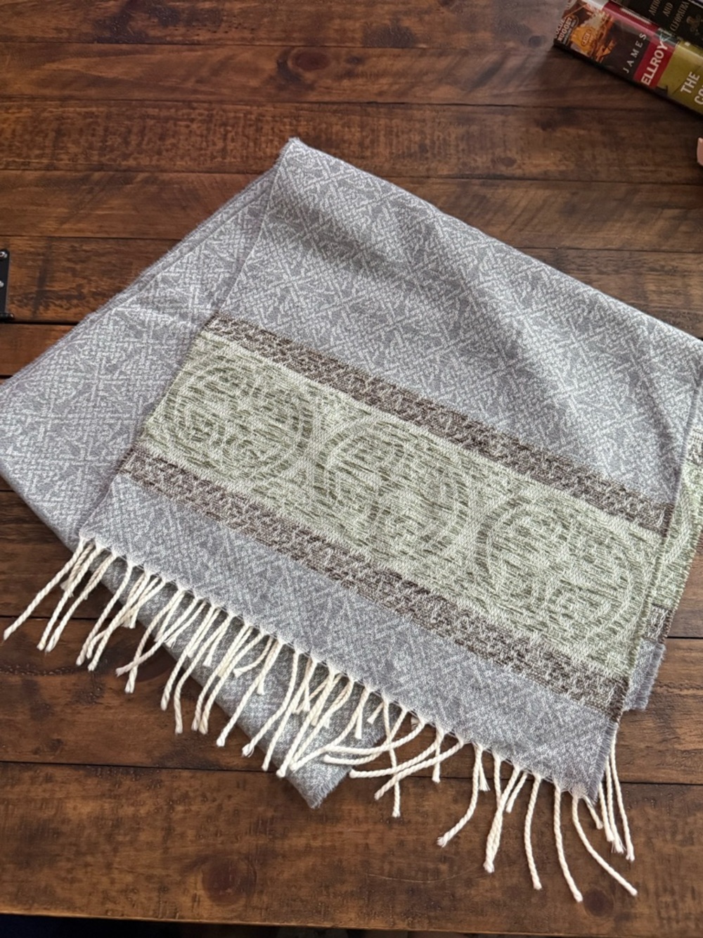 Calzeat Neutral Gray, Sage and Cream Scarf with Celtic Print and Fringe